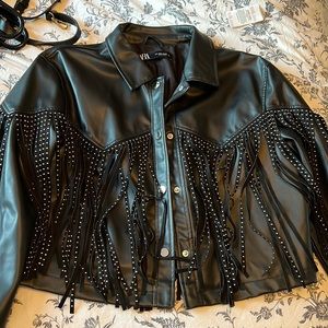 Zara cropped faux leather jacket with Fringe